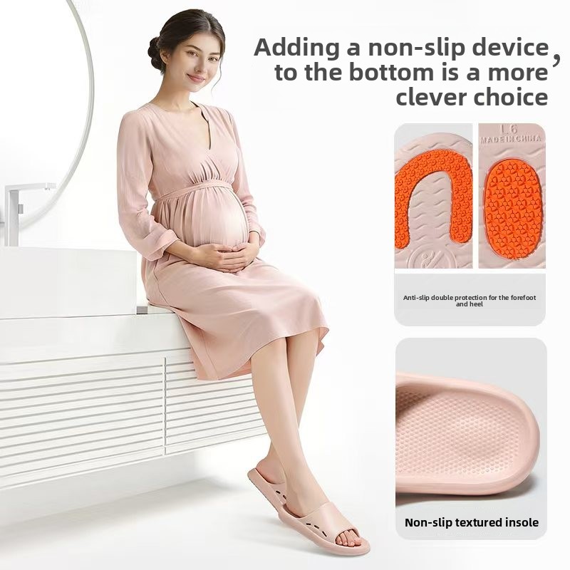 Senior using anti-slip waterproof slippers in wet bathroom 